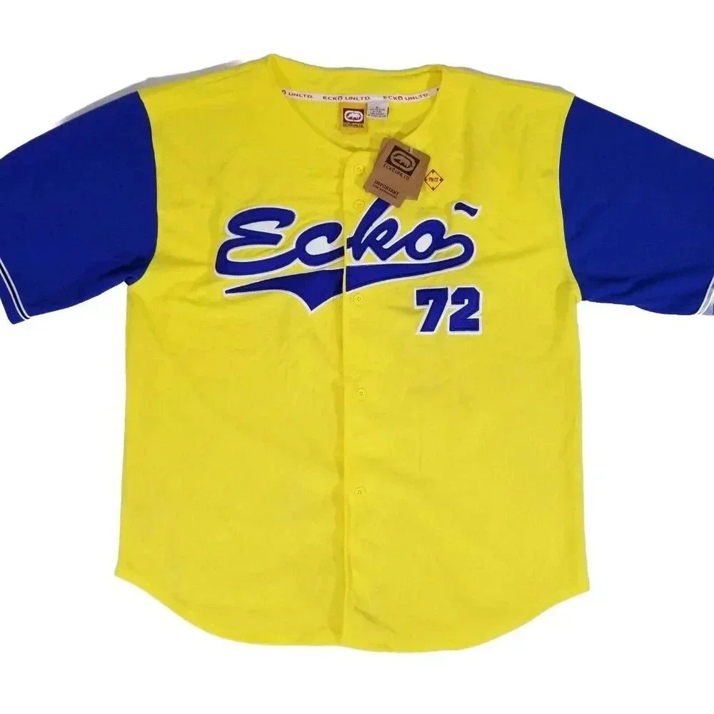 Vintage ECKO UNLTD 90's Baseball Jersey Yellow / Blue Colorblock NWT Deadstock